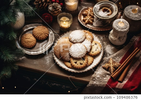 Tasty homemade Christmas cookies on the table. Gingerbread. Top view 109486376