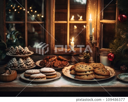 Tasty homemade Christmas cookies on the table. Gingerbread. Christmas holiday treats. Tasty homemade Christmas cookies on the table. Gingerbread. Christmas holiday treats. 109486377