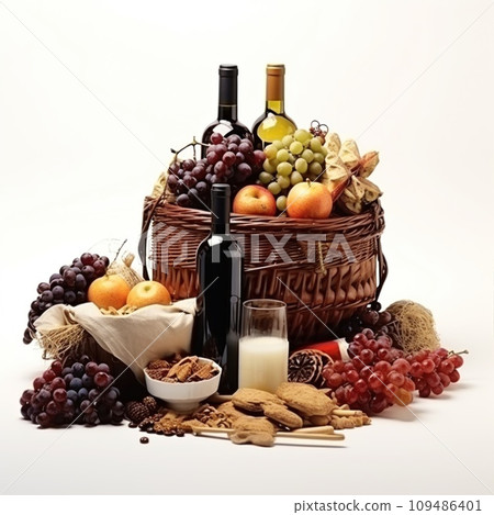 Wine, basket with grapes and apples. Gingerbread. Igredients for mulled wine isolated on white background 109486401