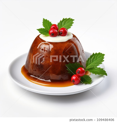 Christmas Pudding With a Sprig Of Holly Isolated On A White Background. 109486406