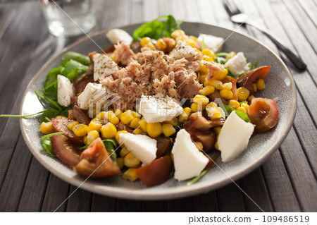 Plate of salad with tuna, corn, tomatoes and arugula Plate of salad with tuna, corn, tomatoes and arugula 109486519