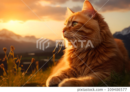 一隻沉思的貓看著夕陽 一隻沉思的貓看著夕陽 109486577