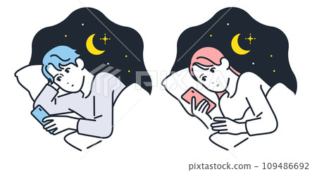 Simple vector illustration set of young men and women checking their smartphones in the middle of the night Simple vector illustration set of young men and women checking their smartphones in the middle of the night 109486692