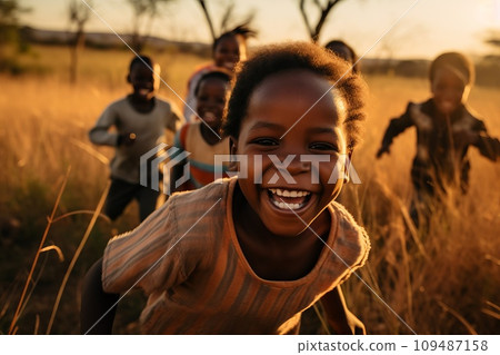 AI-generated content. Portrait of African happy children playing and running together in the savannah. 109487158