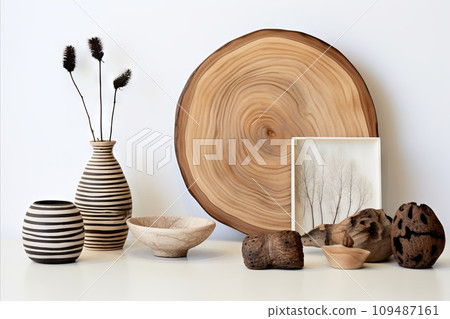 AI-generated content. set of decorative items in boho style on a white wall background 109487161