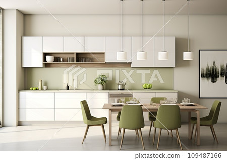 AI-generated content. Interior of a light kitchen in olive tones with wood elements 109487166