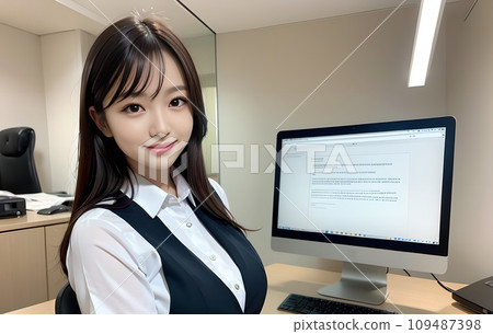 A young secretary looks at me while working on a computer and smiles (generated AI) 109487398