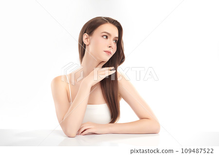 Beautiful young woman with clean fresh skin on white background, Face care, Facial treatment, Cosmetology, beauty and spa, women portrait. 109487522