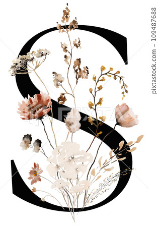 Black capital letter S with brown autumn watercolor wildflowers and leaves, isolated illustration 109487688