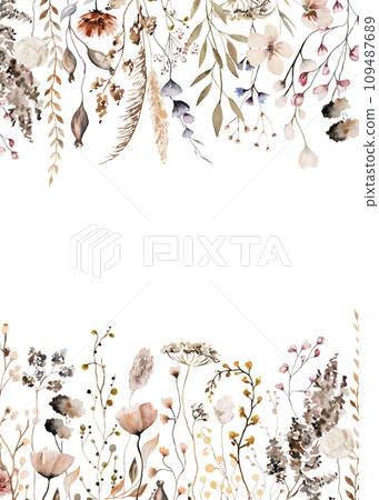 Border with watercolor border with autumn brown wild flowers and leaves, wedding illustration 109487689
