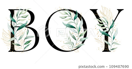 Word BOY made with Black letters with green watercolor leaves, isolated wedding illustration 109487690