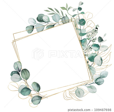 Frame with green and golden watercolor eucalyptus leaves, isolated wedding illustration 109487698