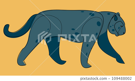 Panther illustration. Blue colored one line art on yellow background. Panther illustration. Blue colored one line art on yellow background. 109488002