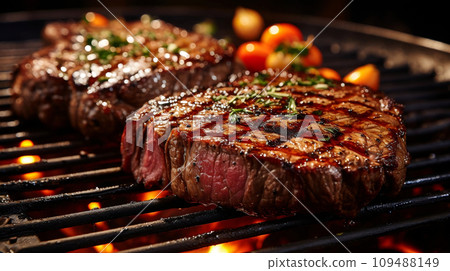 Closeup of grilled meat with vegetables on barbecue grill with smoke. 109488149