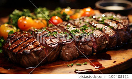 Closeup of grilled meat with vegetables on barbecue grill with smoke. 109488151