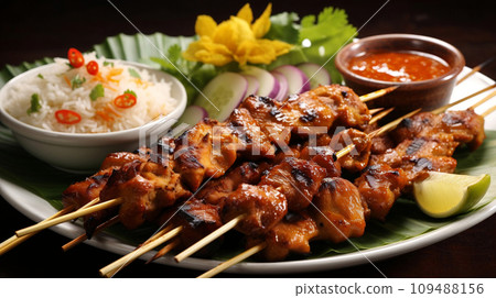 Close up of delicious satay. Asian food concept. Close up of delicious satay. Asian food concept. 109488156