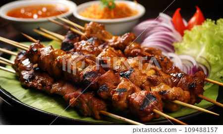Close up of delicious satay. Asian food concept. Close up of delicious satay. Asian food concept. 109488157