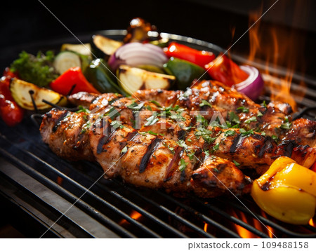Closeup of grilled meat with vegetables on barbecue grill with smoke. 109488158