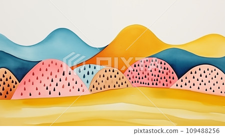 AI-generated content. Colorful abstract watercolor landscape with whimsical hills in shades of pink and blue, featuring playful polka-dot patterns. 109488256