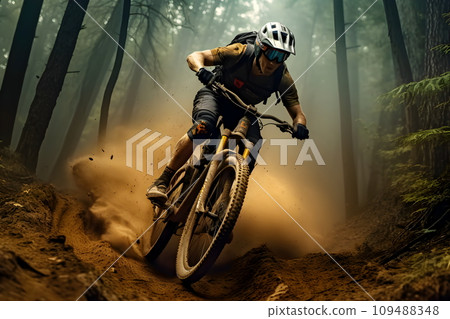 Young cyclist wearing protective gear rides an agile mountain bike through a mountain filled with tall trees. The road surface was dry and dust was clearly scattered. It shows that he rides so fast. Young cyclist wearing protective gear rides an agile mountain bike through a mountain filled with tall trees. The road surface was dry and dust was clearly scattered. It shows that he rides so fast. 109488348