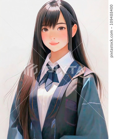 Anime-style illustration of a black-haired female student right in front of you 109488400
