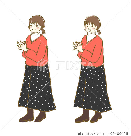 插畫素材：秋冬時尚女性8款全身表情套裝 109489436