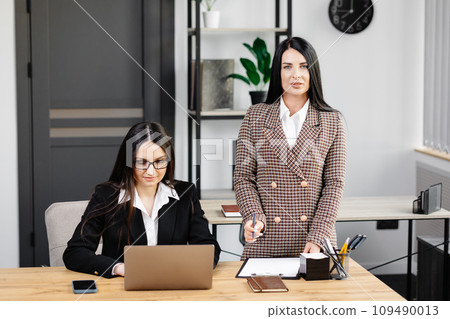 Two young attractive women are working in the office. Women working on a new project, doing work on a laptop. 109490013