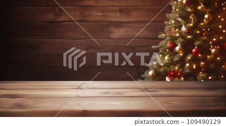 Empty wooden table with a view of a vibrant Christmas 109490129