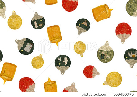 Watercolor Christmas decoration balls with nativity scene and a candle seamless multidirectional pattern isolated on white 109490379