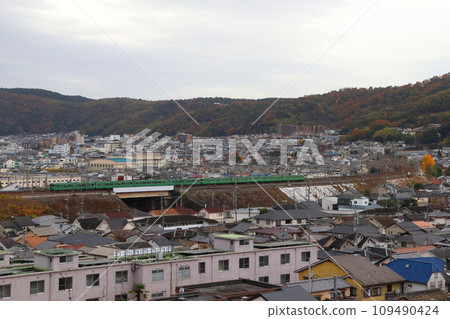 Kosei Line 113 series train seen from the hill of Yamashina Canal in autumn 109490424