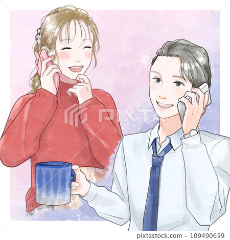 Illustration of a couple talking on the phone, watercolor style 109490659
