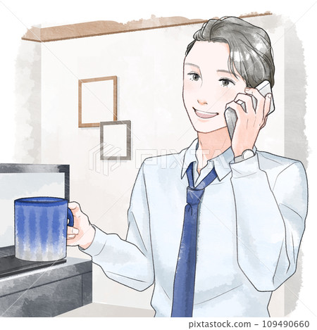 一個男人打電話的插圖，水彩風格 109490660