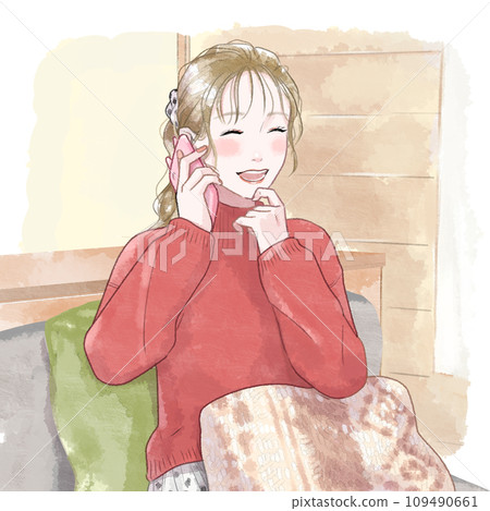 Illustration of a woman making a phone call, watercolor style 109490661