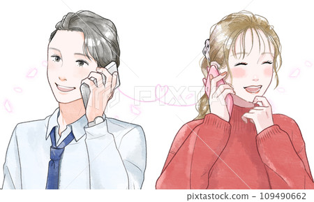 Eye catch of a couple talking on the phone, watercolor style 109490662