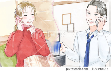 Eye catch of a couple talking on the phone, watercolor style 109490663