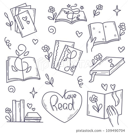 Reading and books doodle sketch style set Reading and books doodle sketch style set 109490704