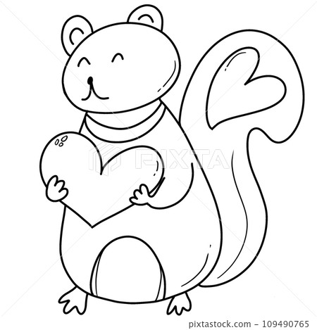 black line art of squirrel holding heart on a white background, coloring book art supply for kids black line art of squirrel holding heart on a white background, coloring book art supply for kids 109490765