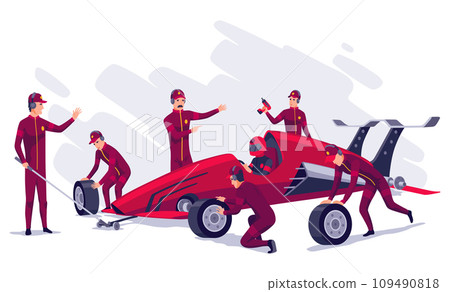 Racing car on pit stop flat vector illustration. Professional mechanics and racer cartoon characters. Engineers team in uniform changing wheels, tires. Auto maintenance service, quick repair Racing car on pit stop flat vector illustration. Professional mechanics and racer cartoon characters. Engineers team in uniform changing wheels, tires. Auto maintenance service, quick repair 109490818