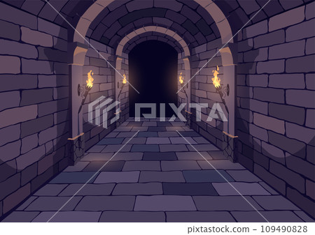 Dark Dungeon. Long medieval castle corridor with torches. Interior of ancient Palace with stone arch. Vector illustration Dark Dungeon. Long medieval castle corridor with torches. Interior of ancient Palace with stone arch. Vector illustration 109490828