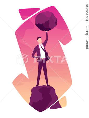 Businessman with boulder vector illustration. Stressed mans carry heavy stone in hands overwhelmed with problem or task. Crisis problem of business people, burden, challenge, conquering concept Businessman with boulder vector illustration. Stressed mans carry heavy stone in hands overwhelmed with problem or task. Crisis problem of business people, burden, challenge, conquering concept 109490830