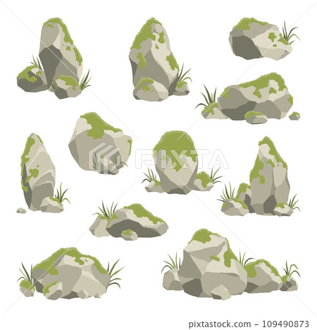 Rock stone formations. Small boulder mountain with grass and moss, big icon with rocky texture, heavy piles. Cobblestones of various shapes, hard rock rubbles. Vector cartoon background Rock stone formations. Small boulder mountain with grass and moss, big icon with rocky texture, heavy piles. Cobblestones of various shapes, hard rock rubbles. Vector cartoon background 109490873