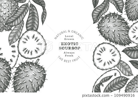 Hand drawn sketch style soursop fruit banner. Organic fresh fruit vector illustration. Retro guanabana design template Hand drawn sketch style soursop fruit banner. Organic fresh fruit vector illustration. Retro guanabana design template 109490916