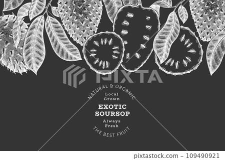 Hand drawn sketch style soursop fruit banner. Organic fresh fruit vector illustration on chalk board. Retro guanabana design template Hand drawn sketch style soursop fruit banner. Organic fresh fruit vector illustration on chalk board. Retro guanabana design template 109490921