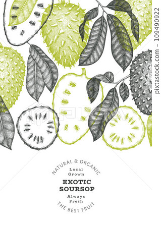 Hand drawn sketch style soursop fruit banner. Organic fresh fruit vector illustration. Retro guanabana design template 109490922