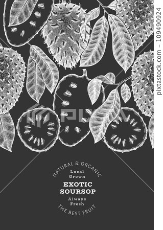 Hand drawn sketch style soursop fruit banner. Organic fresh fruit vector illustration on chalk board. Retro guanabana design template Hand drawn sketch style soursop fruit banner. Organic fresh fruit vector illustration on chalk board. Retro guanabana design template 109490924