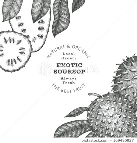 Hand drawn sketch style soursop fruit banner. Organic fresh fruit vector illustration. Retro guanabana design template Hand drawn sketch style soursop fruit banner. Organic fresh fruit vector illustration. Retro guanabana design template 109490927