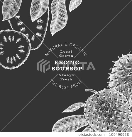 Hand drawn sketch style soursop fruit banner. Organic fresh fruit vector illustration on chalk board. Retro guanabana design template Hand drawn sketch style soursop fruit banner. Organic fresh fruit vector illustration on chalk board. Retro guanabana design template 109490928