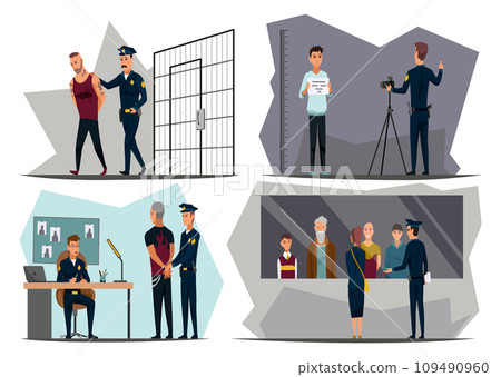 Police station building interior with employees, staff set. Police officer in uniform working. Detective in office make investigation. People in jail. Vector illustration in cartoon style 109490960