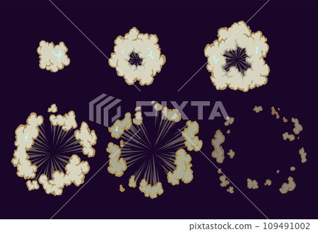 Explosion animation set. Cartoon burst effect of vector comic boom and bang. Bomb blasts or explosive power energy flash, war game attacks animation. Vector illusration Explosion animation set. Cartoon burst effect of vector comic boom and bang. Bomb blasts or explosive power energy flash, war game attacks animation. Vector illusration 109491002