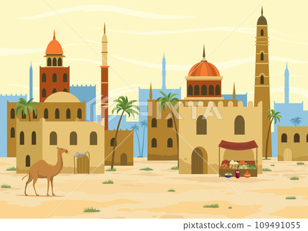 Middle east. Arabic desert landscape with traditional mud brick houses. Ancient building on background. Flat vector illustration 109491055
